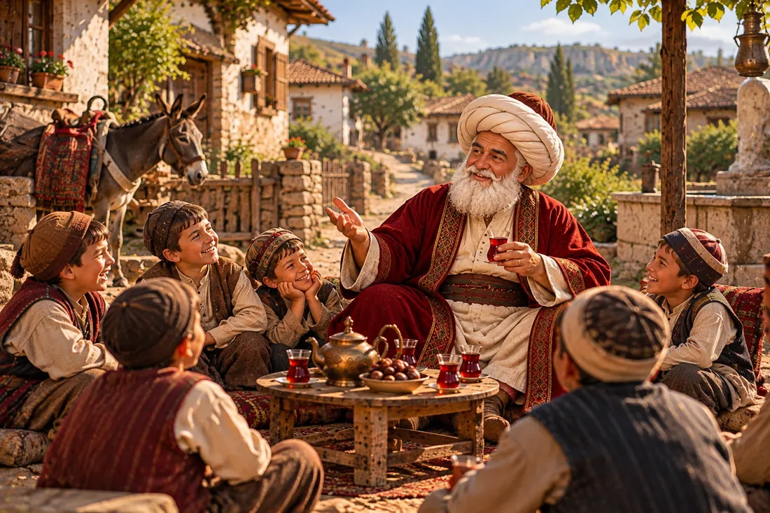 Nasreddin Hoca sharing tea and stories with village children